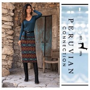 Peruvian Connection Multicolor Pima Cotton Knit Aztec Tribal Midi Skirt L NWOT